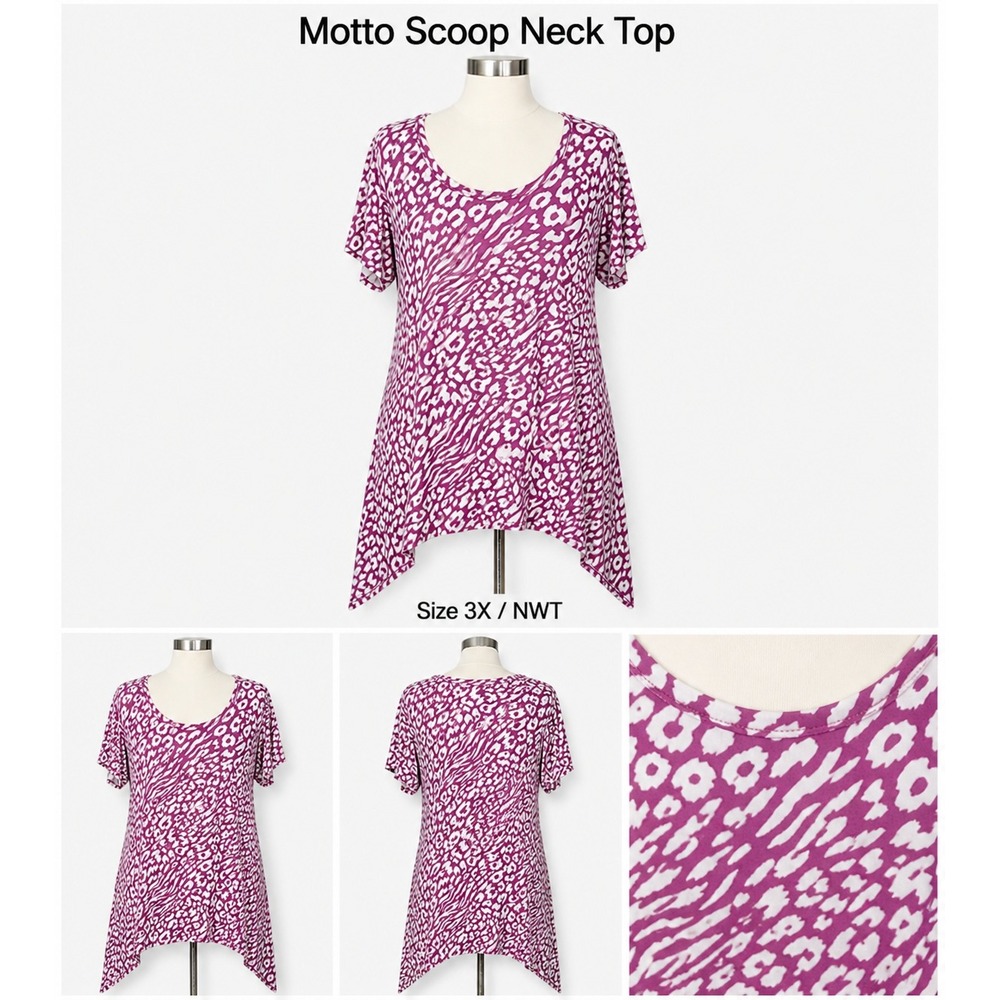 Motto Scoop Neck Top‎ Purple White Animal Print Sharkbite Hem Plus Size 3X NWT